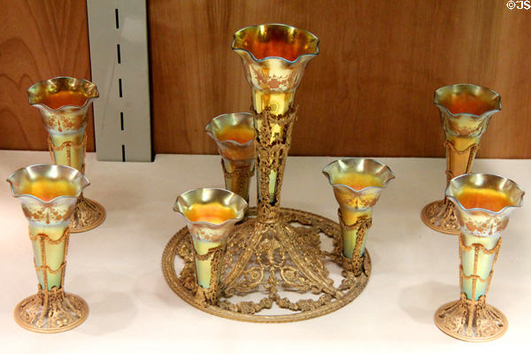 Set of Aurene cups in metal holders (early 20thC) by Steuben Glass at Corning Museum of Glass. Corning, NY.