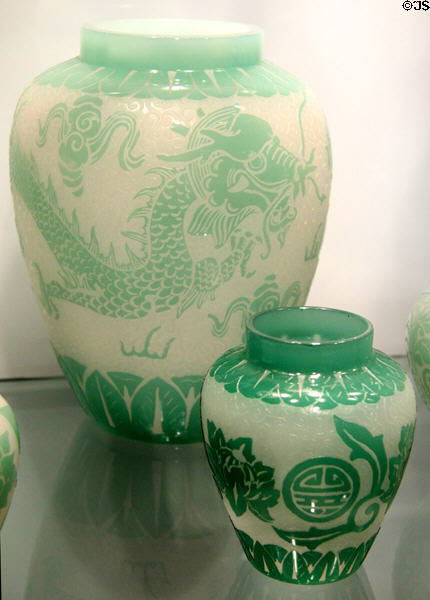 Acid-etched decoration on glass vases in Chinese style by Steuben Glass at Corning Museum of Glass. Corning, NY.