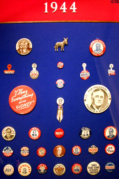 Collection of Roosevelt campaign pins from 1945 in Presidential Museum. Hyde Park, NY.