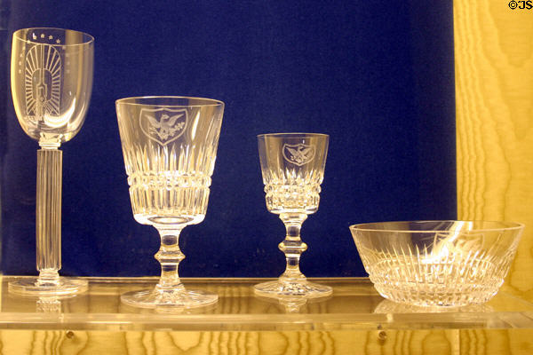 Roosevelt's White House crystal with the tall goblet at left designed by Libbey Glass of Toledo, OH for the 1939 World's Fair with other pieces from T.G. Hawkes of Corning, NY. Hyde Park, NY.