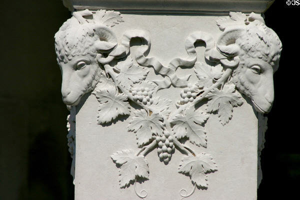 Carved goat heads in grapes relief detail of Vanderbilt Mansion. Hyde Park, NY.