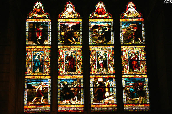 Stained glass windows with parables in Sage Chapel on Cornell Campus. Ithaca, NY.