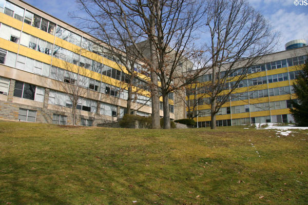 Upson & Grumman Halls (1957) on Cornell Campus. Ithaca, NY. Style: International Style. Architect: Perkins & Will.