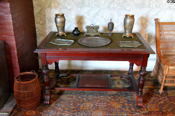 Side table with metal objects in reception room death room at Grant Cottage SHS. Wilton, NY.