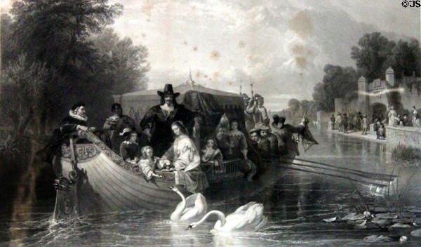 Graphic of English country scene with boat & swans at Grant Cottage SHS. Wilton, NY.