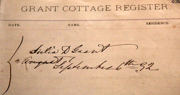 Detail of signature of Julia D. Grant on her visit (Sept. 6, 1892) in Grant Cottage Register at Grant Cottage. Wilton, NY.