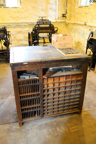 Type setting table with flat imposition stone top at Roycroft Print Shop. East Aurora, NY.