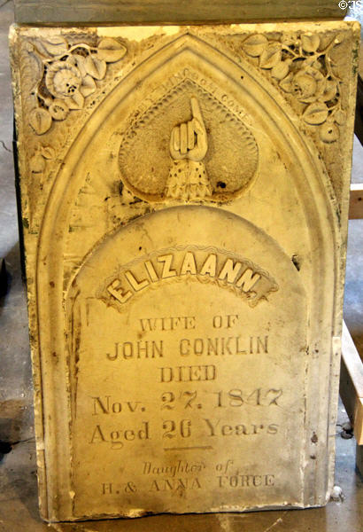 Tombstone found on back of flat imposition stone to align type at Roycroft Print Shop. East Aurora, NY.