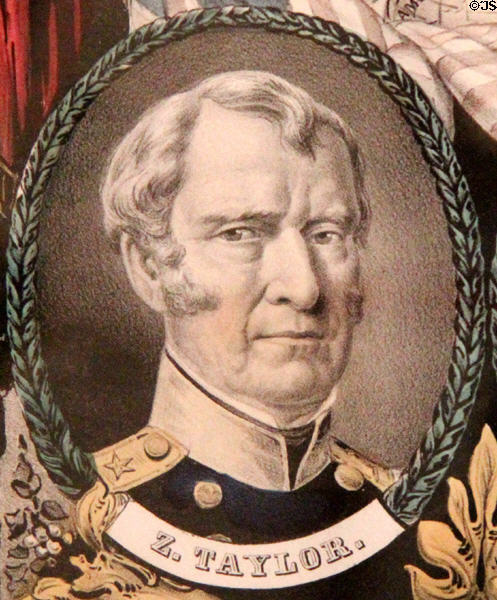 Zachary Taylor portrait on Whig election poster (1853) by N. Currier at Millard Fillmore House. East Aurora, NY.