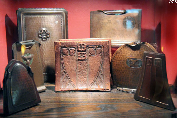Metalware items from Roycroft Copper Shop at Elbert Hubbard Roycroft Museum. East Aurora, NY.