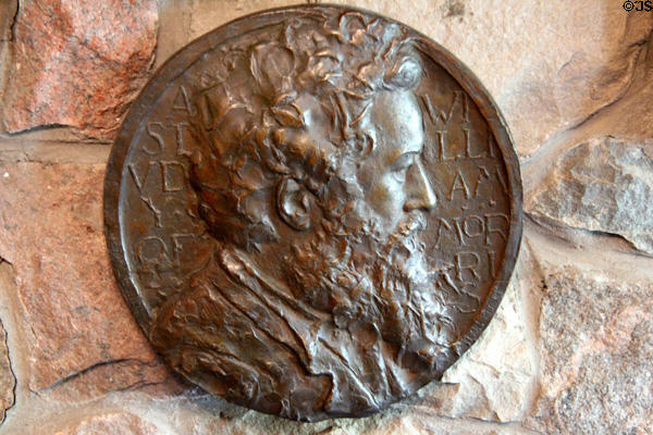 Portrait medallion of William Morris, founder of Arts &: Crafts movement, at Elbert Hubbard Roycroft Museum. East Aurora, NY.