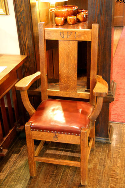 Roycroft chair made for Grove Park Inn (GPI) of Asheville, NC at Elbert Hubbard Roycroft Museum. East Aurora, NY.