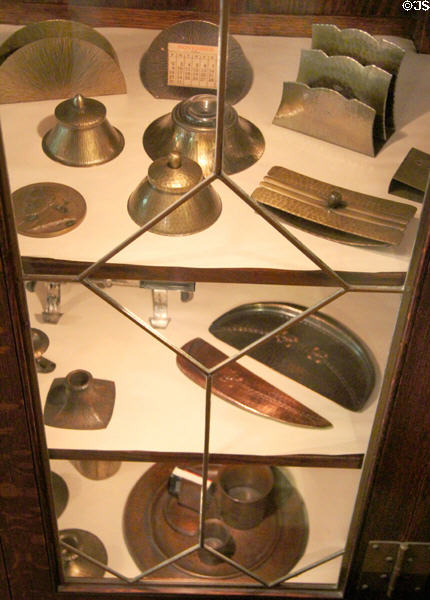 Metalware items from Roycroft Copper Shop at Elbert Hubbard Roycroft Museum. East Aurora, NY.