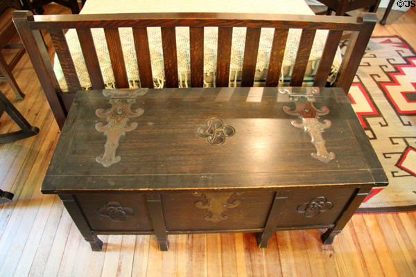 Blanket chest with metalwork hinges & carved initials LH at Elbert Hubbard Roycroft Museum. East Aurora, NY.