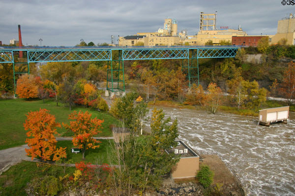Genesee River trestle bridge with industrial buildings beyond. Rochester, NY.