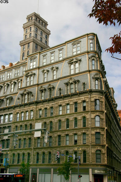 Powers Building (1869) (9 floors) with observation tower (1873). Rochester, NY. Style: Beaux Arts. Architect: Andrew Jackson Warner. On National Register.