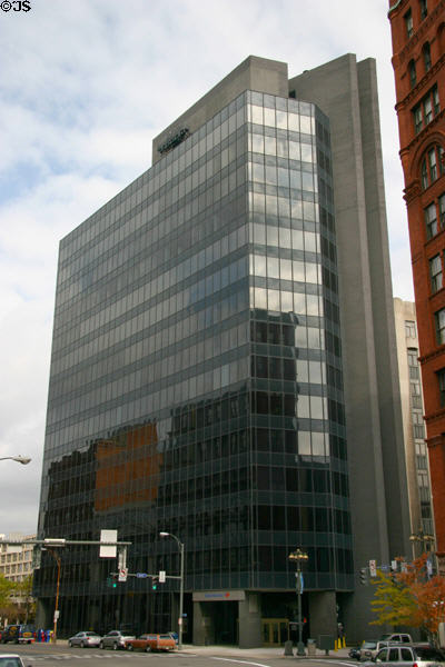 Black glass Crossroads Building (1969) (15 floors) (2 State St. at Main). Rochester, NY. Architect: Kahn & Jacobs.