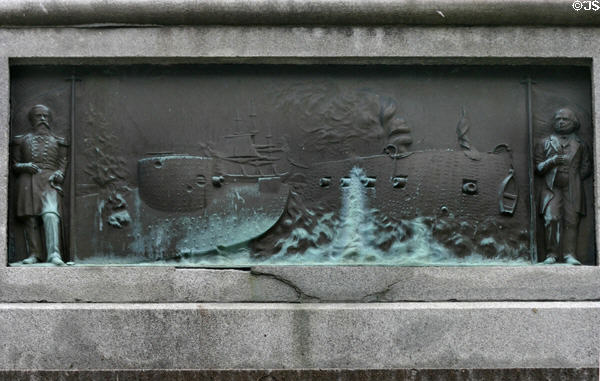 Bronze panel of battle of Monitor & Merrimack at Soldiers' & Sailors' Civil War Monument. Rochester, NY.