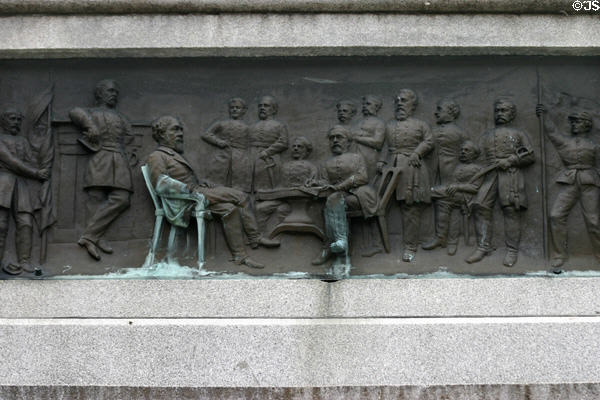 Bronze panel of Lee's surrender to Grant at Soldiers' & Sailors' Civil War Monument. Rochester, NY.