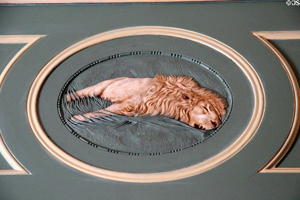 Sleeping lion medallion over doorway in library at Eastman House. Rochester, NY.