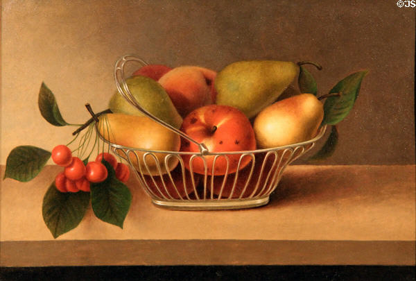 Still Life #26: Silver Basket of Fruit painting (1857-8) by Rubens Peale at Memorial Art Gallery. Rochester, NY.