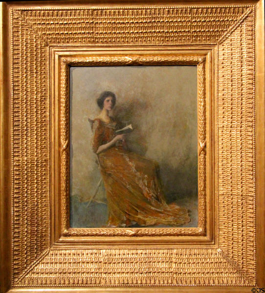 Framed portrait of woman in brown dress (c1908) by Thomas W. Dewing at Memorial Art Gallery. Rochester, NY.