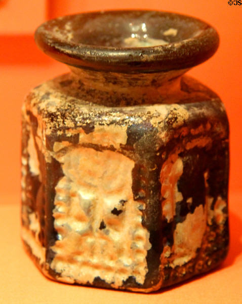 Syro-Palestinian mold-blown glass hexagonal jar (500-700 CE) at Memorial Art Gallery. Rochester, NY.