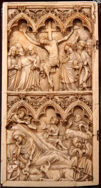 French ivory carving (1400s) with Crucifixion & Nativity at Memorial Art Gallery. Rochester, NY.