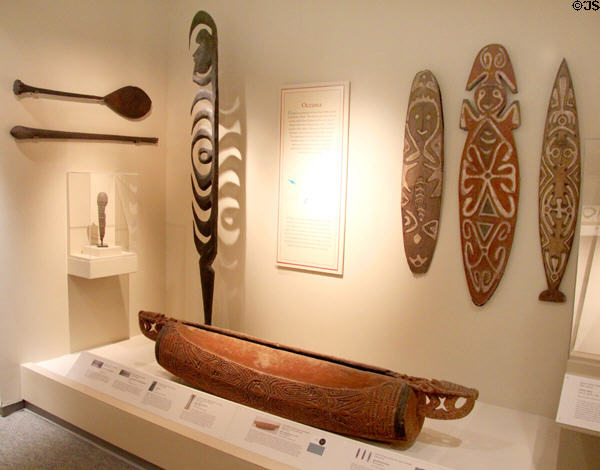 Shields, drum & objects (20thC) from Papua New Guinea at Memorial Art Gallery. Rochester, NY.