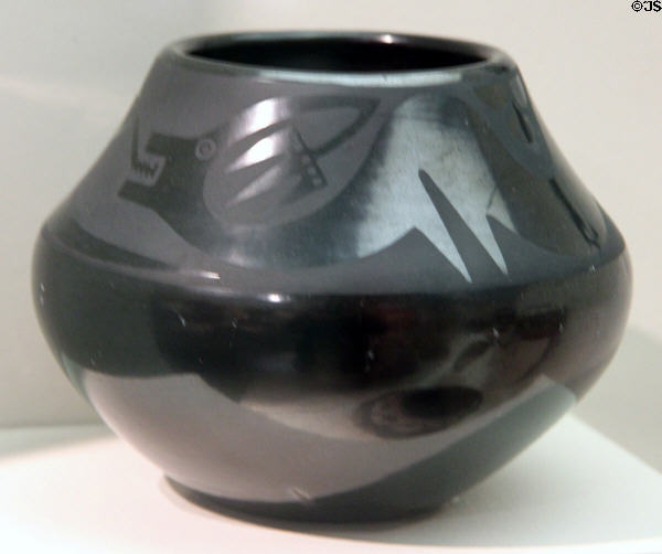 Black-glazed earthenware jar (c1960s) by María Martínez of San Ildefonso, New Mexico at Memorial Art Gallery. Rochester, NY.