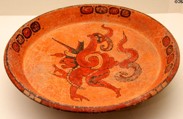 Mayan ceramic tripod plate with god N (Pauahtun) (700-800) from Campeche, Mexico at Memorial Art Gallery. Rochester, NY.