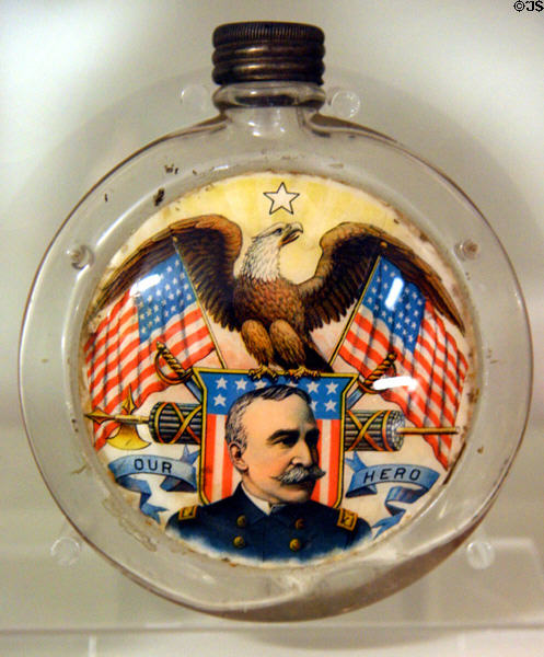 Our Hero Thomas Dewey glass flask (c1898) celebrates capture of Manila at The Strong National Museum of Play. Rochester, NY.