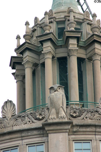 Owl detail of Neoclassical Hopeman Memorial Carillon tower atop Rush Rhees Library (1927) at University of Rochester. Rochester, NY.