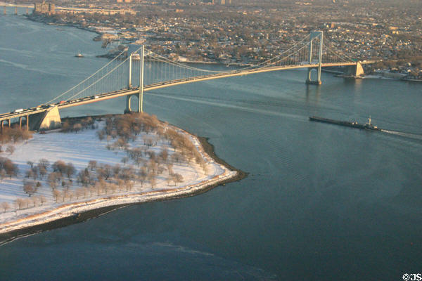 Bronx Whitestone suspension bridge over Long Island Sound from air. NY.