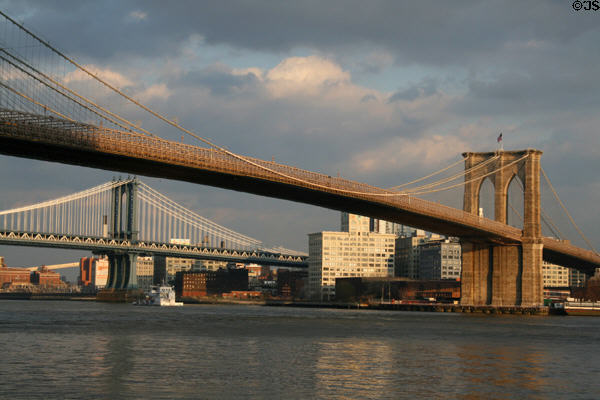 Piers of Brooklyn Bridge & Manhattan Bridge over Brooklyn. New York, NY.