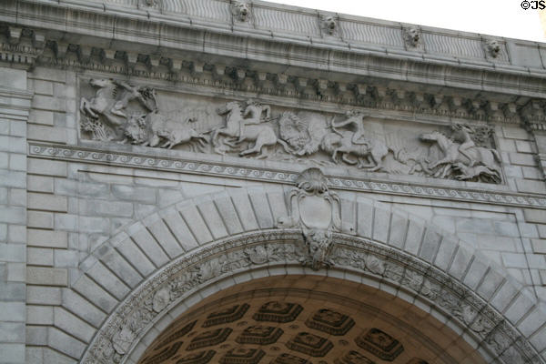 Buffalo Hunt (1916) frieze by Charles Cary Rumsey on Manhattan Bridge Arch. New York, NY.