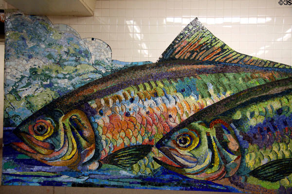 Shad Crossing mural by Ming Fay in Delancey St. subway station. New York, NY.