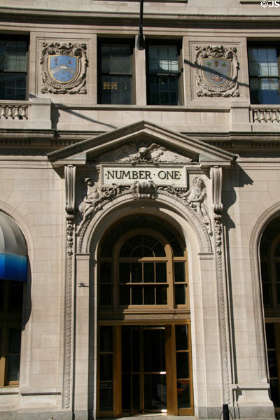 Ports of call plaques on facade of United States Lines (now One Broadway) building. New York, NY.