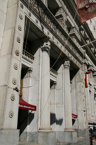 Columns of Bowling Green Building housed White Star Lines where crowds sought news of Titanic in 1912. New York, NY.