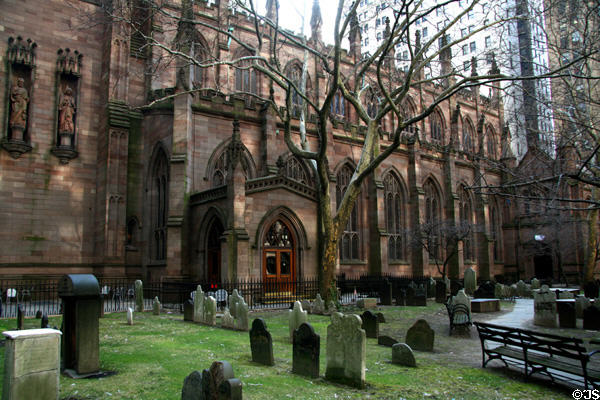 Tombstones & facade features of Trinity Church. New York, NY.
