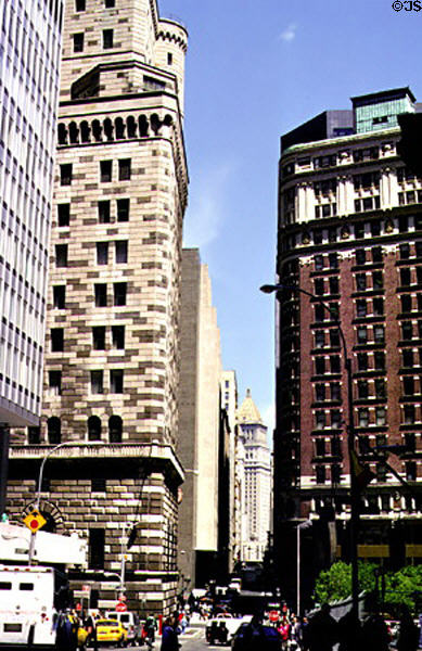Federal Reserve Bank of New York (1919-24) (33 Liberty St.) plus streetscape. New York, NY. Style: Florentine Palazzo. Architect: York & Sawyer. On National Register.