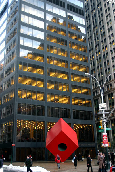 HSBC Bank (1967) (140 Broadway) (52 Floors) with holed-cube sculpture by Isamu Noguchi. New York, NY. Architect: Gordon Bunshaft of Skidmore, Owings, Merril (SOM).