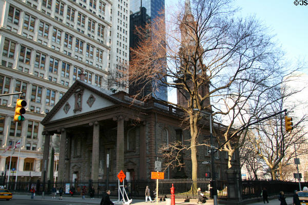 St Paul's Chapel (1766) (Broadway at Fulton St.). New York, NY. Style: Georgian. Architect: Thomas McBean (attrib.). On National Register.