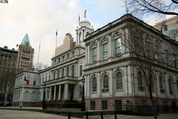 New York City Hall (1802-11) (Broadway & Chambers St.). New York, NY. Style: Late 19th & 20th C Revivals. Architect: Joseph Francois Mangin & John McComb, Jr.. On National Register.