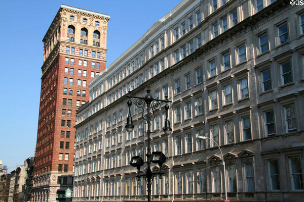 A.T. Stewart Store (later New York Sun Building) (1st Italianate in NY) (1845, 1872, 1884) (280 Broadway) with Broadway Chambers Building beyond. New York, NY. Style: Italianate. Architect: Joseph Trench & John B. Snook + Frederick Schmidt & Edward D. Harris. On National Register.