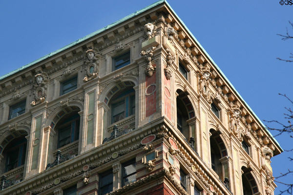 Roofline terra cotta & glazed details of Cass Gilbert's Broadway Chambers Building. New York, NY.