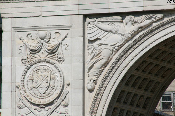 Washington Arch detail with angel blowing trumpet. New York, NY.