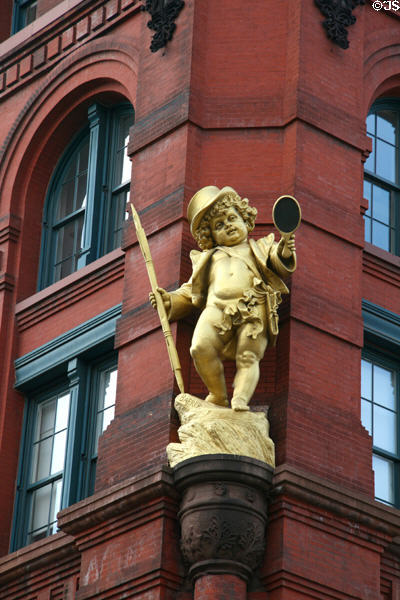 Puck statue (1885) by Henry Baerer on Puck Building (295 Lafayette St. at Houston). New York, NY.