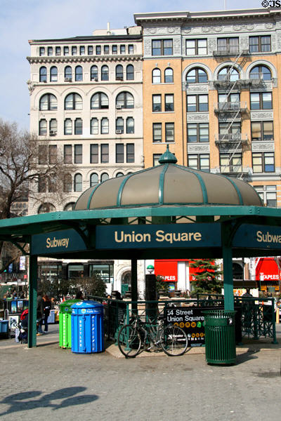 Domed subway entrance in front of Lincoln (1889) & Spingler (1890s) Buildings on Union Square. New York, NY.