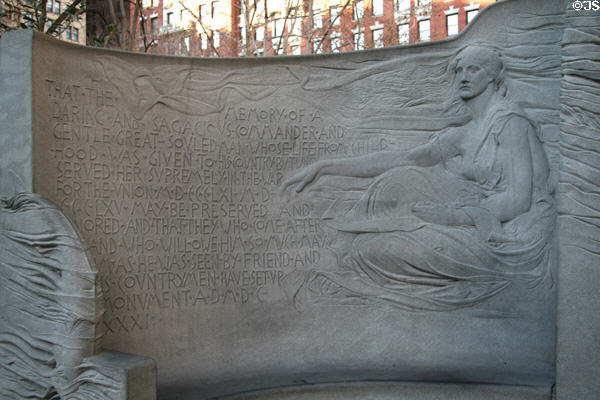 Detail of pedestal of Admiral Farragut Monument with draped woman & dedication. New York, NY.